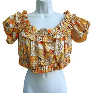 Unique Vintage Milkmaid Ruffled Crop Top Honeycomb Bees Flowers Orange Yellow 1X